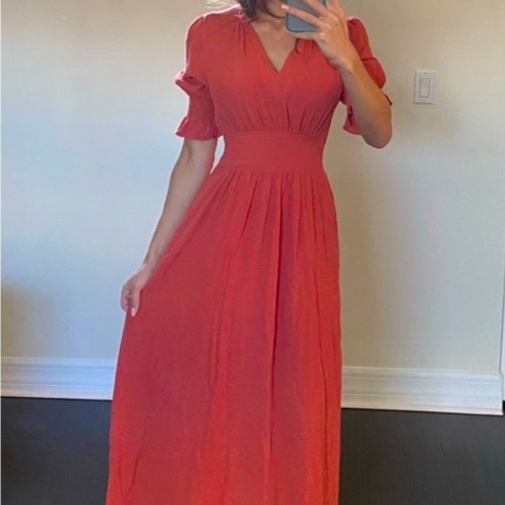 MELLODAY Coral Orange V neck Retro Feminine Maxi Dress short puff sleeves Size S - Picture 1 of 4